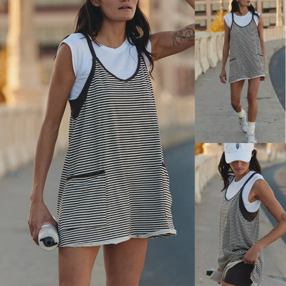 🌓Last Day 49% OFF - Women's Summer Sleeveless 4th Of July Striped Mini Dress with Built-in Shorts V Neck