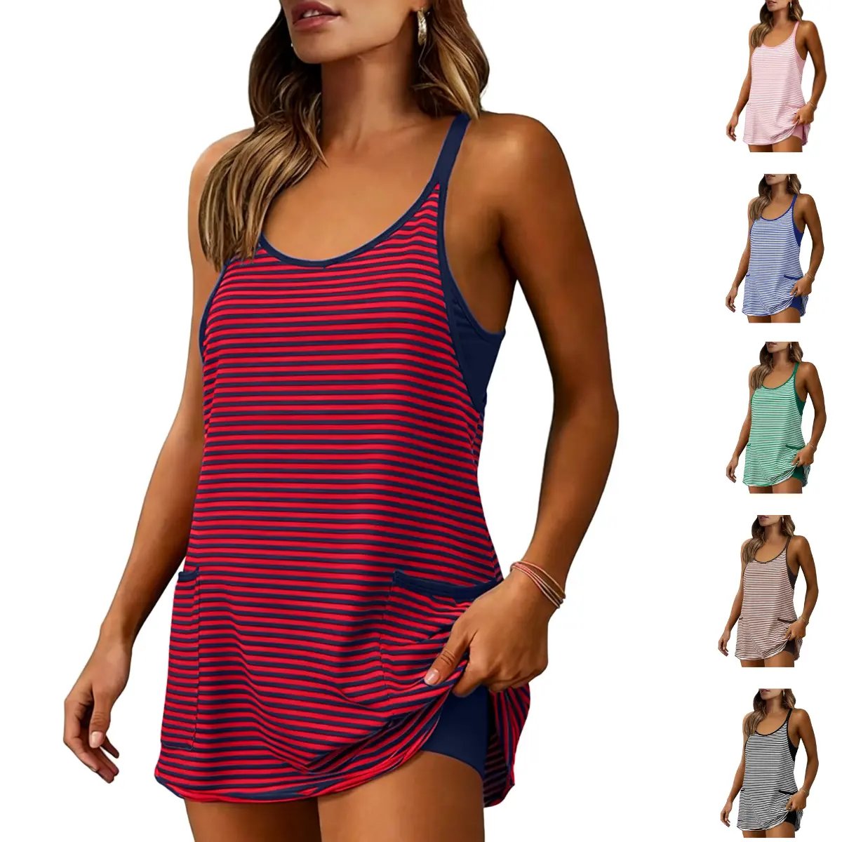 🌓Last Day 49% OFF - Women's Summer Sleeveless 4th Of July Striped Mini Dress with Built-in Shorts V Neck