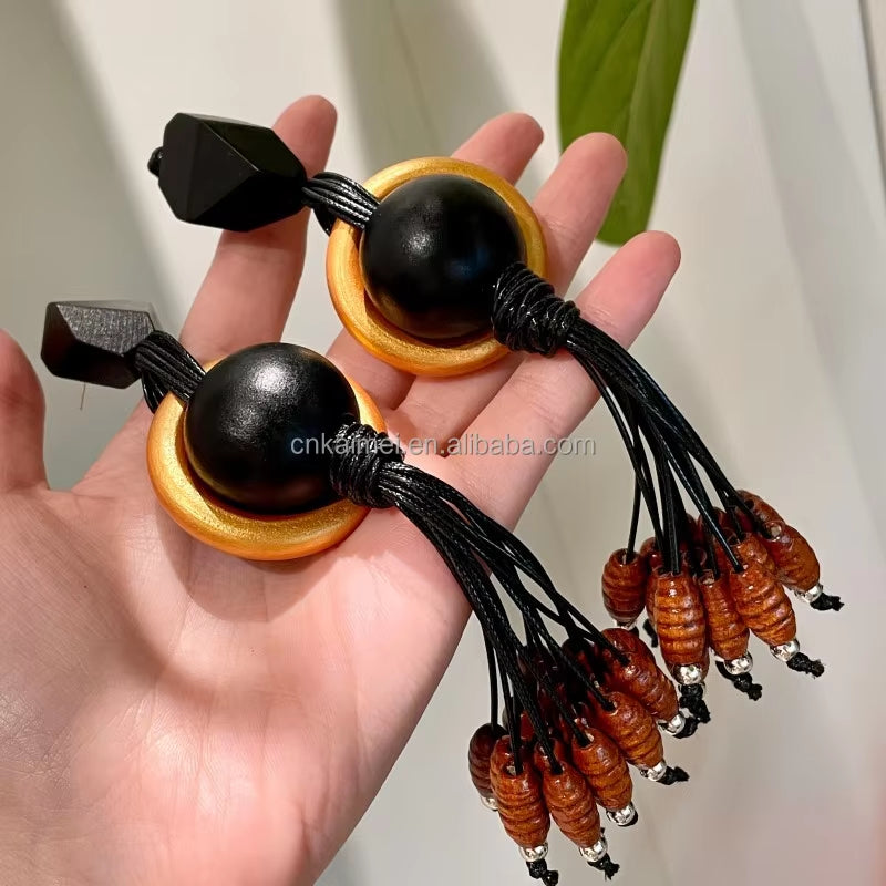 Kaimei 2026 Earrings, Black Gold Unique Design Fashion Jewelry, Long Wooden Tassel Earrings