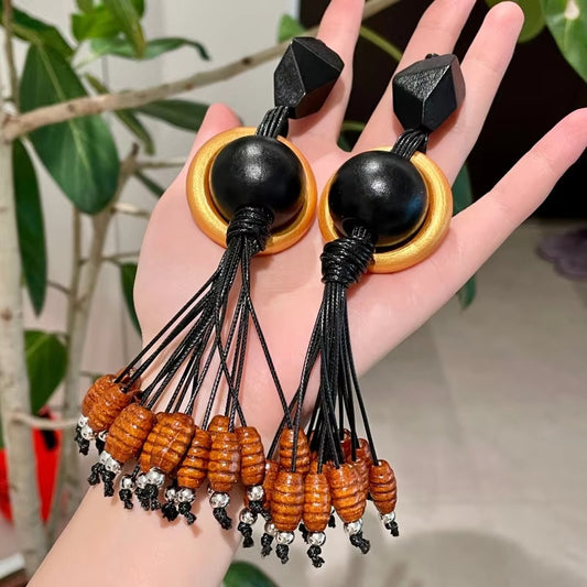 Kaimei 2026 Earrings, Black Gold Unique Design Fashion Jewelry, Long Wooden Tassel Earrings