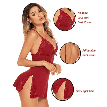 🔥Valentine's Day Hot Sale - 49% OFF🎁Lace Trim Slit Bowknot Decor Sleep Dress