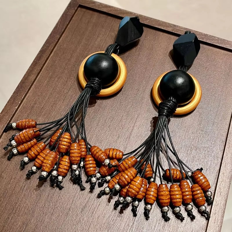 Kaimei 2026 Earrings, Black Gold Unique Design Fashion Jewelry, Long Wooden Tassel Earrings