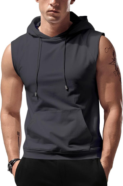 Men’s Sleeveless Workout Hoodie Tank Top – Gym Bodybuilding Cut Off Hoodie