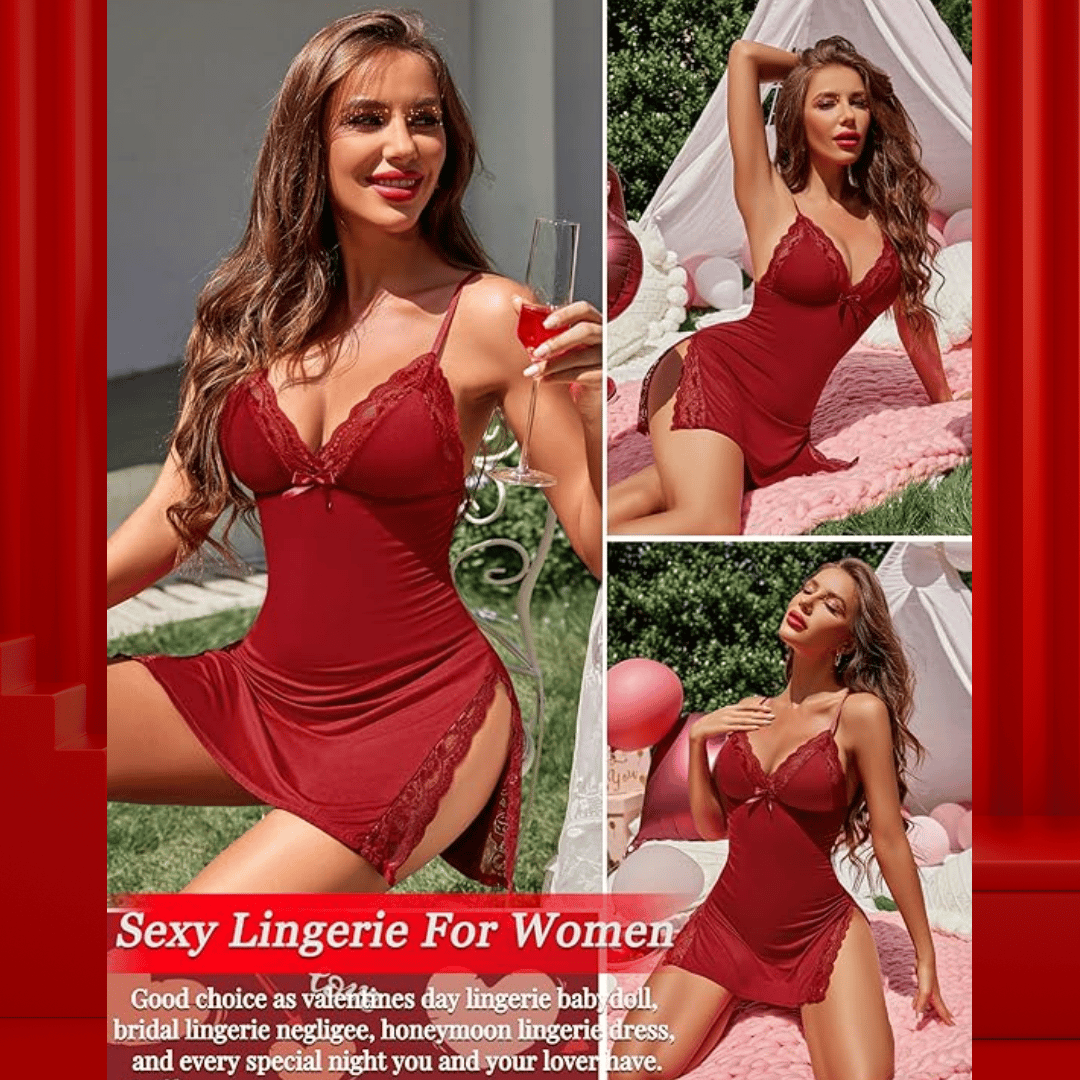 🔥Valentine's Day Hot Sale - 49% OFF🎁Lace Trim Slit Bowknot Decor Sleep Dress