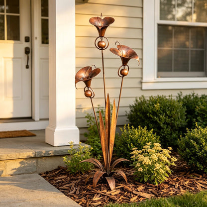 Copper Calla Lily Garden Stake with Bells – Elegant Outdoor Chime Decor 🌿