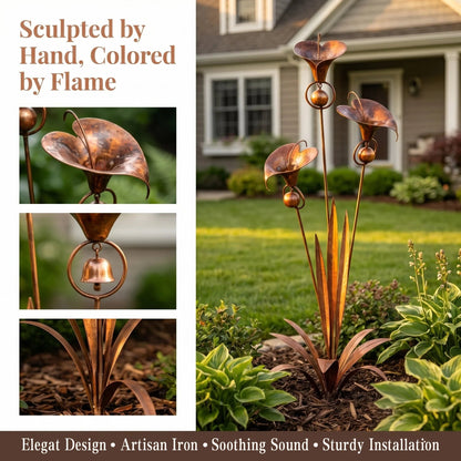 Copper Calla Lily Garden Stake with Bells – Elegant Outdoor Chime Decor 🌿