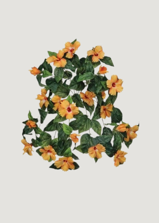 Fake UV Treated Indoor/Outdoor Orange Hanging Hibiscus Bush - 27"