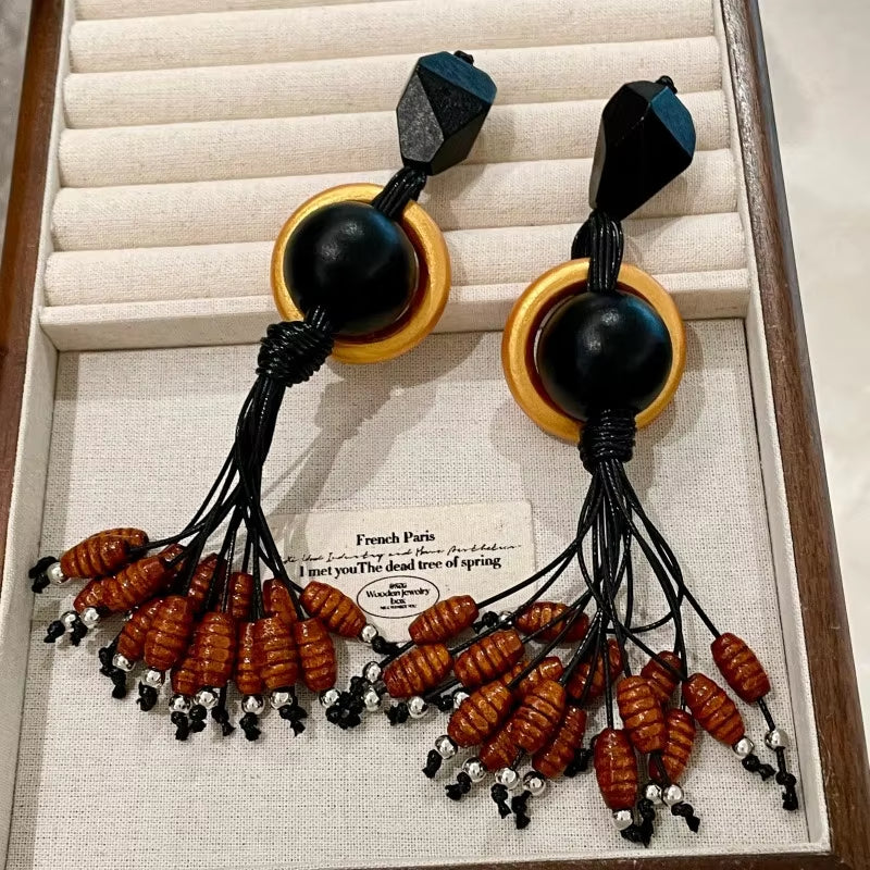 Kaimei 2026 Earrings, Black Gold Unique Design Fashion Jewelry, Long Wooden Tassel Earrings