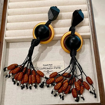 Kaimei 2026 Earrings, Black Gold Unique Design Fashion Jewelry, Long Wooden Tassel Earrings