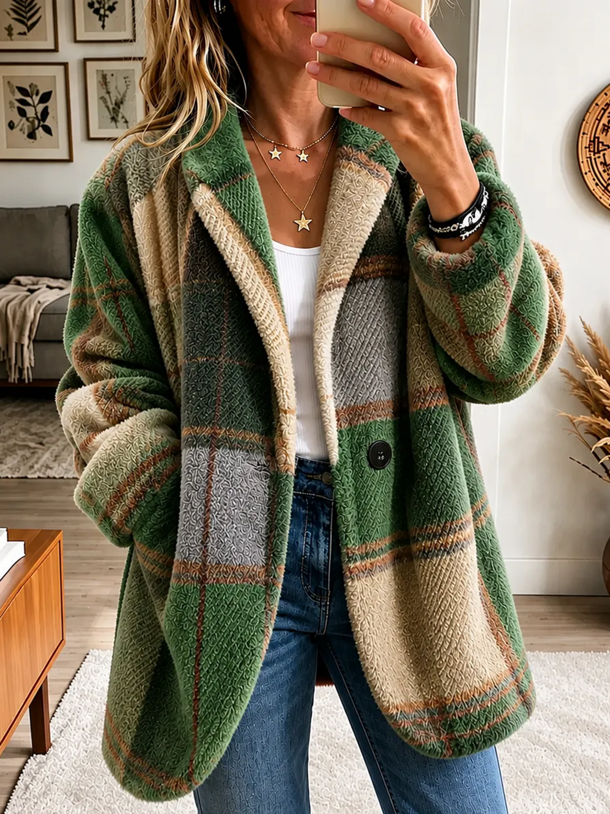 Vibrant Plaid Fuzzy Fleece Jacket