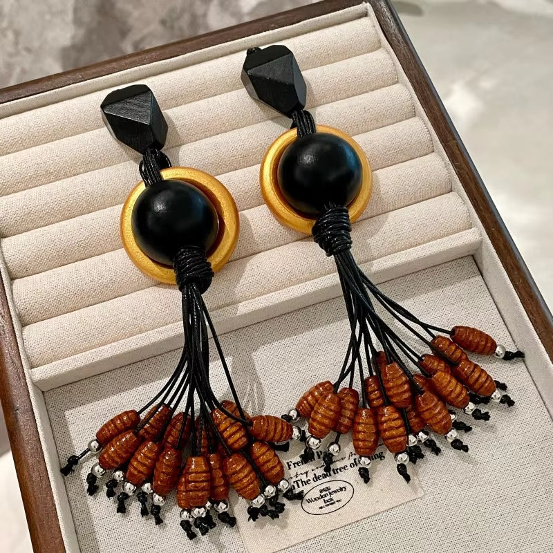 Kaimei 2026 Earrings, Black Gold Unique Design Fashion Jewelry, Long Wooden Tassel Earrings