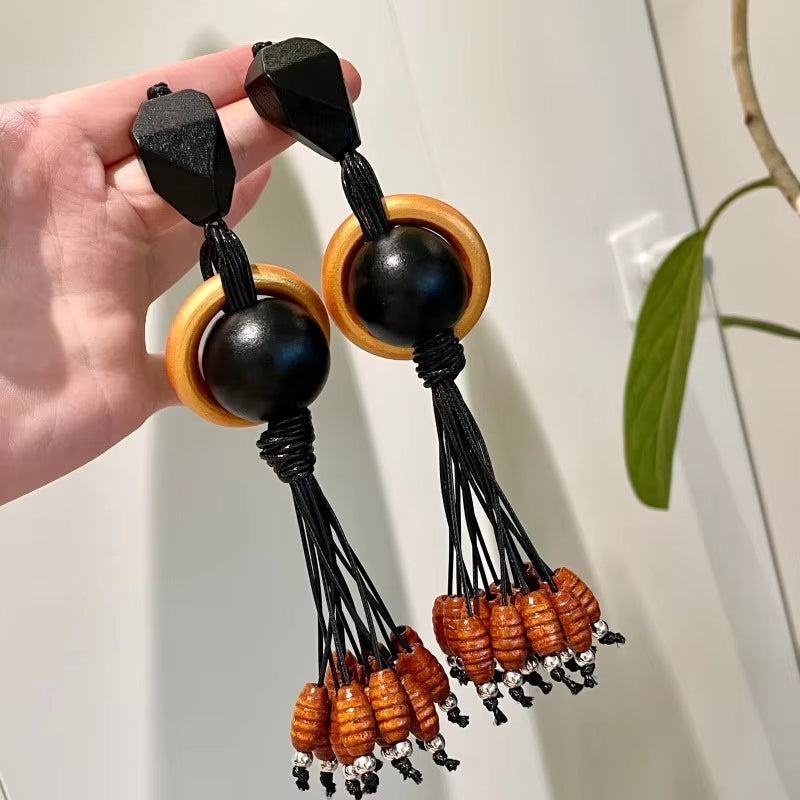 Kaimei 2026 Earrings, Black Gold Unique Design Fashion Jewelry, Long Wooden Tassel Earrings