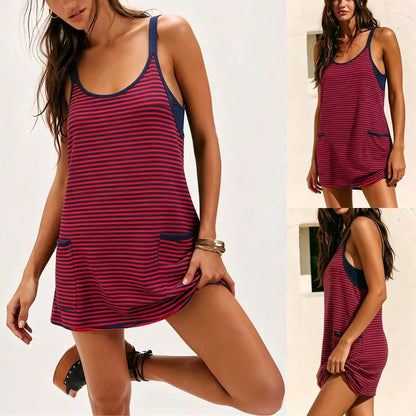 🌓Last Day 49% OFF - Women's Summer Sleeveless 4th Of July Striped Mini Dress with Built-in Shorts V Neck